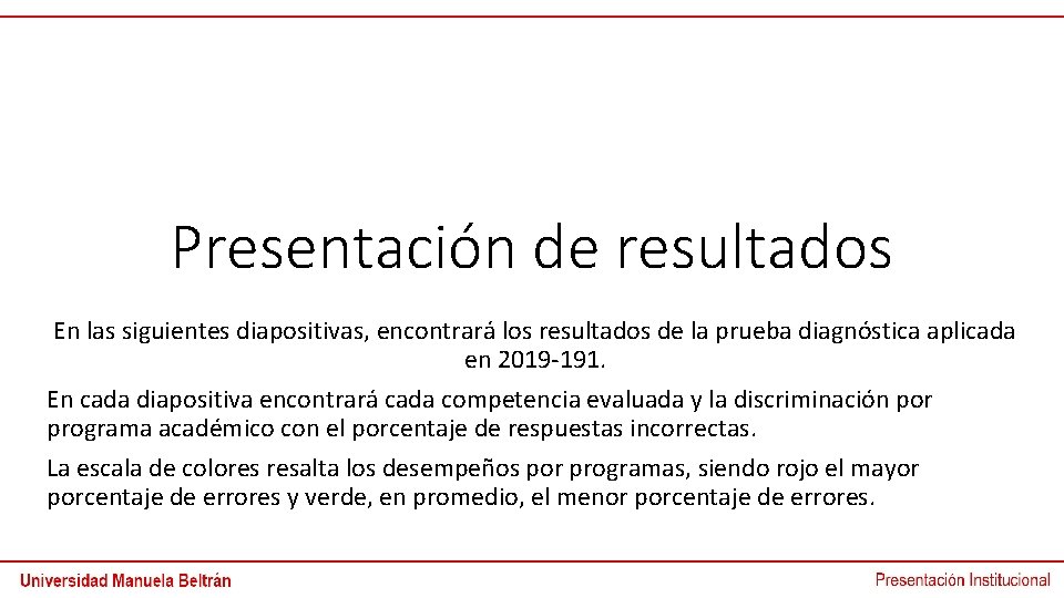 Presentación de resultados En las siguientes diapositivas, encontrará los resultados de la prueba diagnóstica