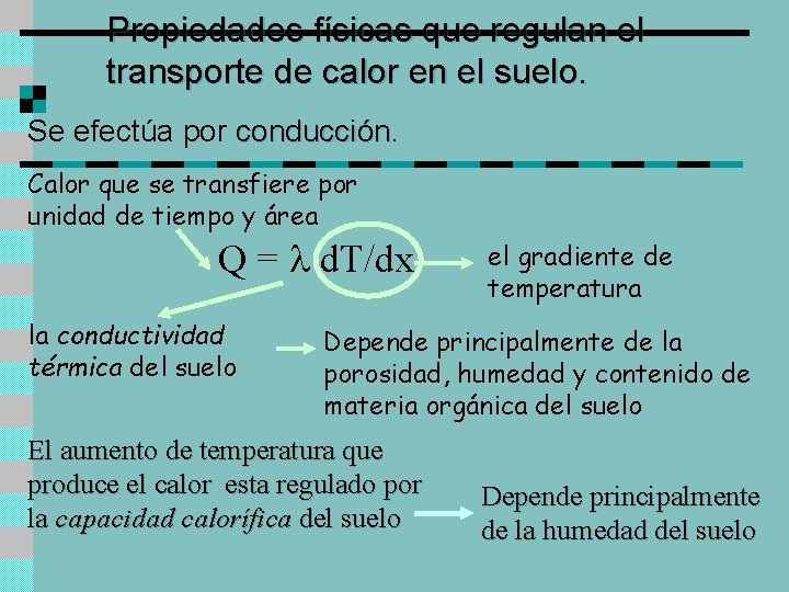 Propiedades físicas que regulan el transporte de calor en el suelo. Se efectúa por