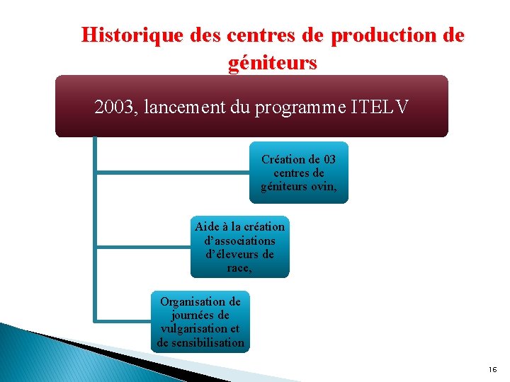 Historique des centres de production de géniteurs 2003, lancement du programme ITELV Création de