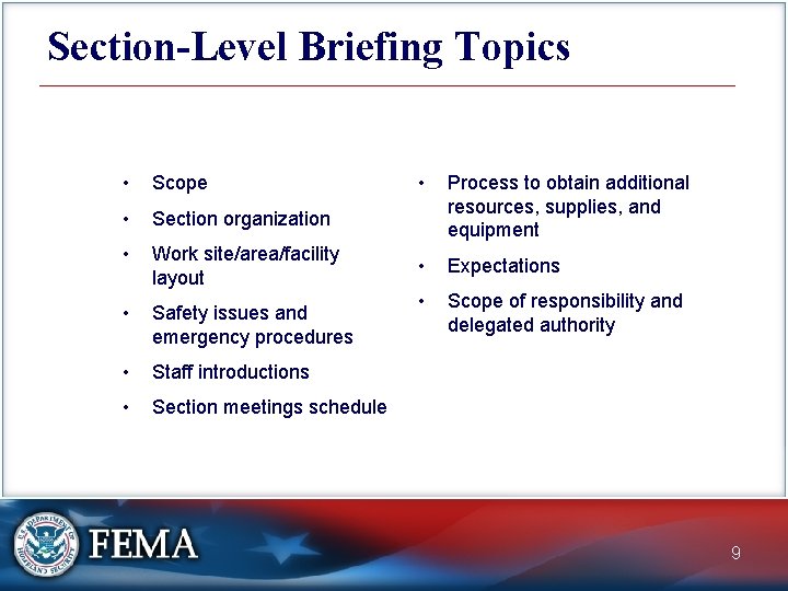 Section-Level Briefing Topics • Scope • Section organization • Work site/area/facility layout • Safety