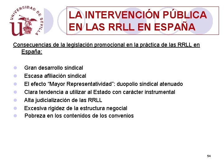 LA INTERVENCIÓN PÚBLICA EN LAS RRLL EN ESPAÑA Consecuencias de la legislación promocional en