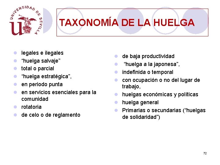 TAXONOMÍA DE LA HUELGA l l l legales e ilegales “huelga salvaje” total o