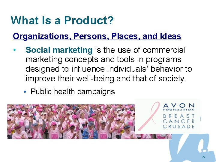What Is a Product? Organizations, Persons, Places, and Ideas • Social marketing is the