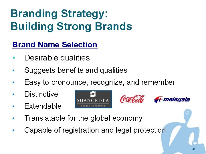 Branding Strategy: Building Strong Brands Brand Name Selection • Desirable qualities • Suggests benefits