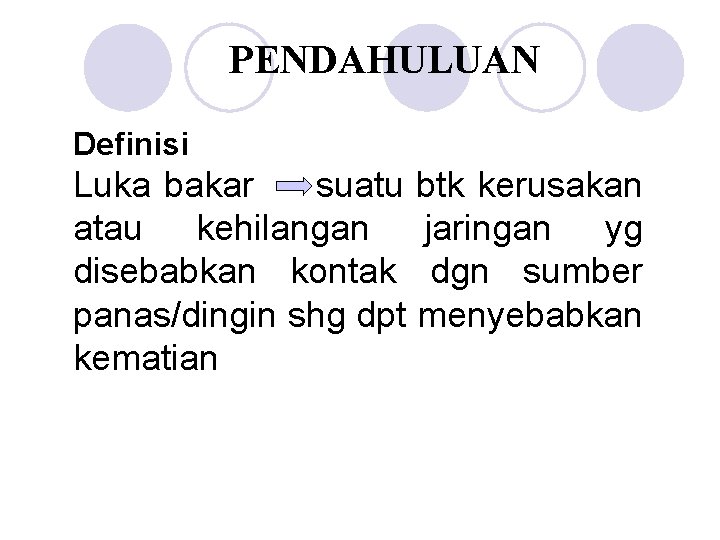 PENDAHULUAN Definisi Luka bakar suatu btk kerusakan atau kehilangan jaringan yg disebabkan kontak dgn