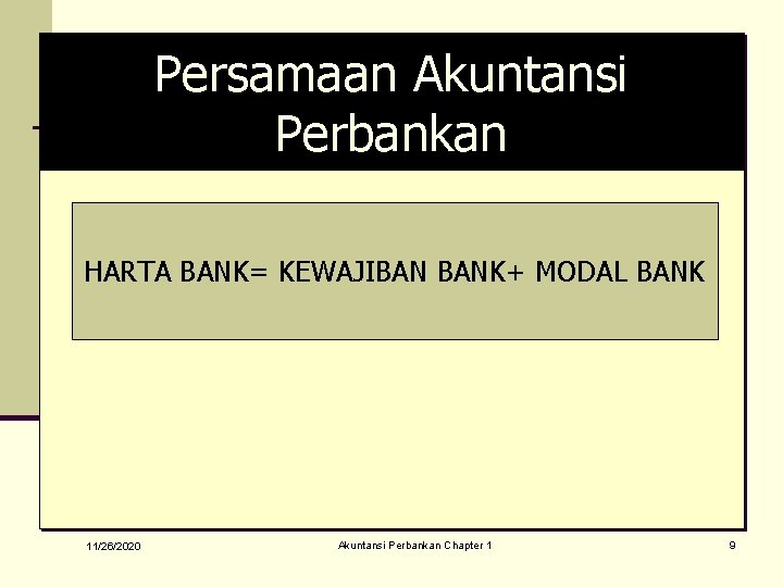 Persamaan Akuntansi Perbankan HARTA BANK= KEWAJIBAN BANK+ MODAL BANK 11/26/2020 Akuntansi Perbankan Chapter 1