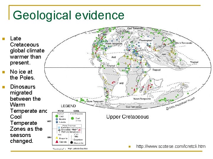 Geological evidence n Late Cretaceous global climate warmer than present. n No ice at
