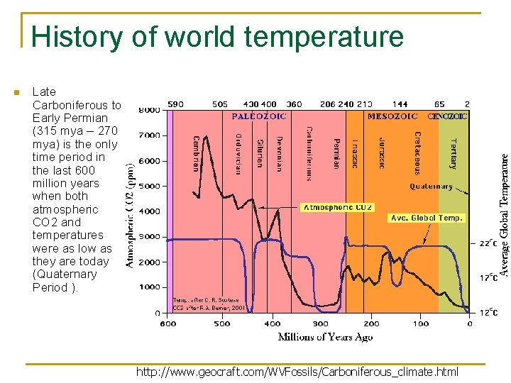 History of world temperature n Late Carboniferous to Early Permian (315 mya -- 270