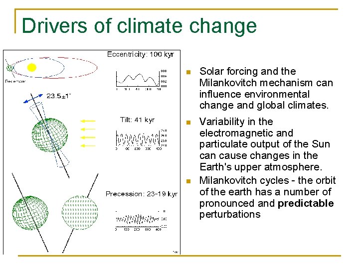 Drivers of climate change n Solar forcing and the Milankovitch mechanism can influence environmental