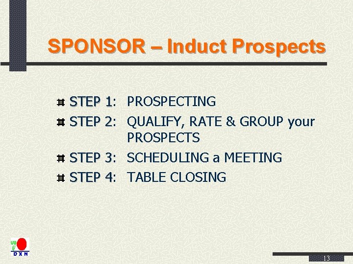 SPONSOR – Induct Prospects STEP 1: 1 PROSPECTING STEP 2: 2 QUALIFY, RATE &