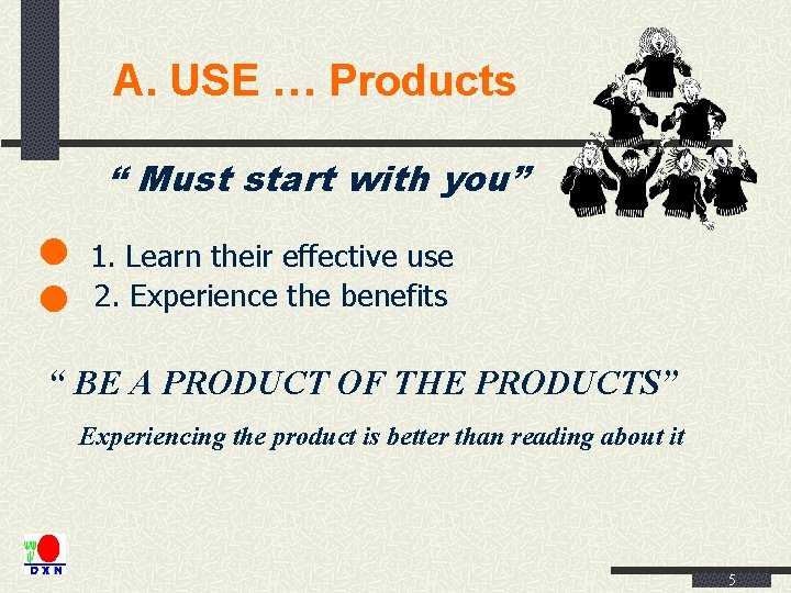 A. USE … Products “ Must start with you” 1. Learn their effective use