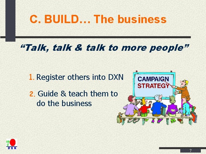 C. BUILD… The business “Talk, talk & talk to more people” 1. Register others