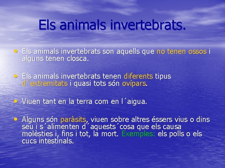 Els animals invertebrats. • Els animals invertebrats son aquells que no tenen ossos i