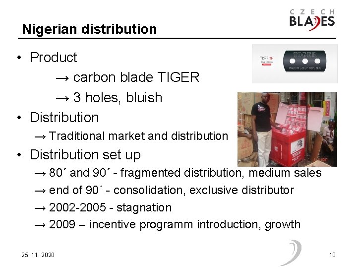 Nigerian distribution • Product → carbon blade TIGER → 3 holes, bluish • Distribution