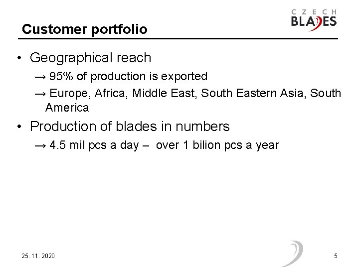 Customer portfolio • Geographical reach → 95% of production is exported → Europe, Africa,