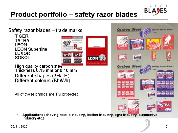 Product portfolio – safety razor blades Safety razor blades – trade marks: TIGER TATRA