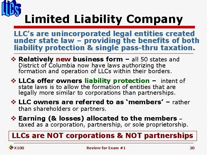 Limited Liability Company LLC’s are unincorporated legal entities created under state law – providing