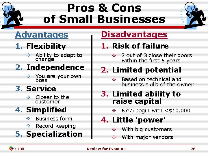 Pros & Cons of Small Businesses Advantages Disadvantages 1. Flexibility 1. Risk of failure
