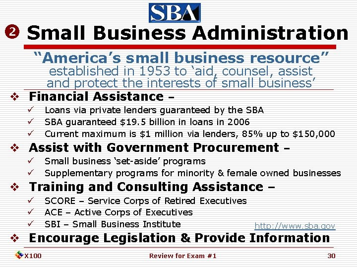  Small Business Administration “America’s small business resource” established in 1953 to ‘aid, counsel,