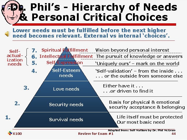 Dr. Phil’s - Hierarchy of Needs & Personal Critical Choices Lower needs must be