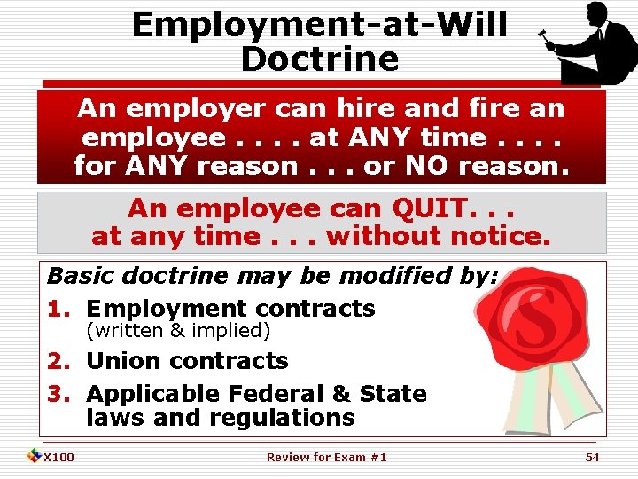 Employment-at-Will Doctrine An employer can hire and fire an employee. . at ANY time.