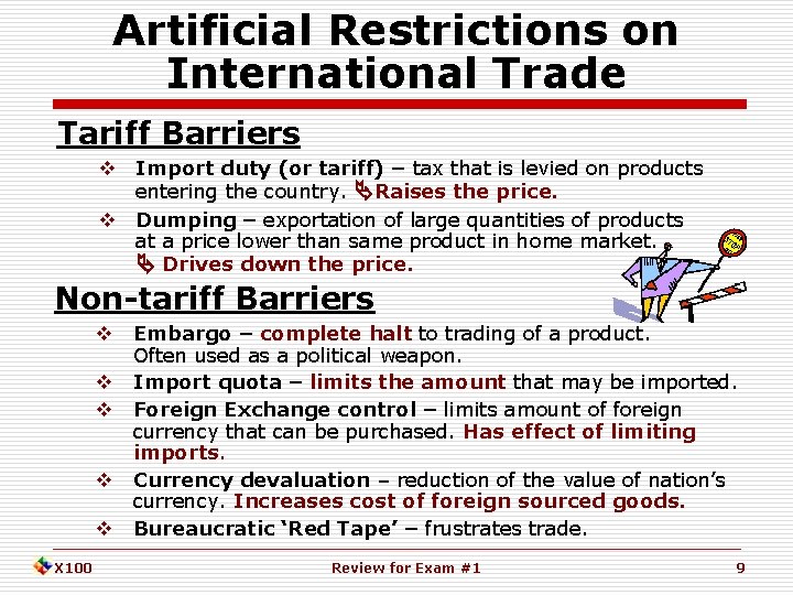 Artificial Restrictions on International Trade Tariff Barriers Import duty (or tariff) – tax that