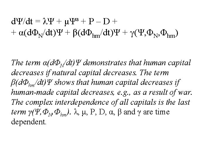 dΨ/dt = λΨ + μΨª + P – D + + α(dΦN/dt)Ψ + β(dΦhm/dt)Ψ