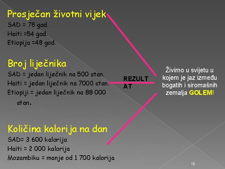 Prosječan životni vijek SAD = 76 god. Haiti =54 god. Etiopija =48 god. Broj