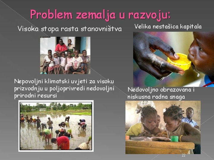 Problem zemalja u razvoju: Visoka stopa rasta stanovništva Nepovoljni klimatski uvjeti za visoku prizvodnju