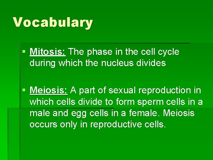Vocabulary § Mitosis: The phase in the cell cycle during which the nucleus divides