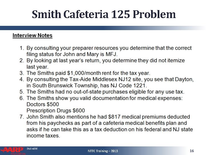 Smith Cafeteria 125 Problem TAX-AIDE NTTC Training – 2013 16 Smith Cafeteria 125 Problem TAX-AIDE NTTC Training – 2013 16
