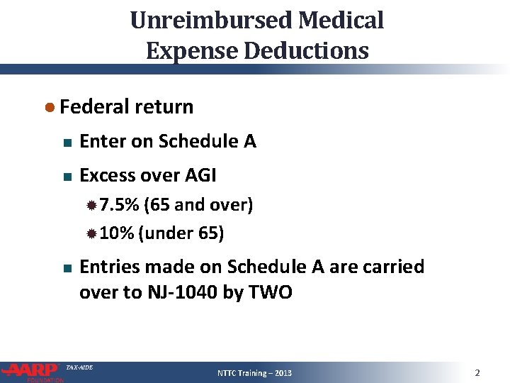 Unreimbursed Medical Expense Deductions ● Federal return Enter on Schedule A Excess over AGI Unreimbursed Medical Expense Deductions ● Federal return Enter on Schedule A Excess over AGI