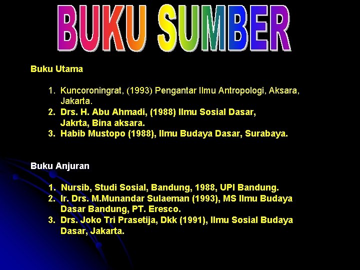 Buku Utama 1. Kuncoroningrat, (1993) Pengantar Ilmu Antropologi, Aksara, Jakarta. 2. Drs. H. Abu