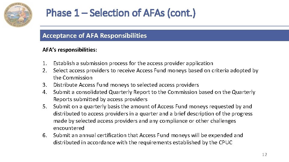 Phase 1 – Selection of AFAs (cont. ) Acceptance of AFA Responsibilities AFA’s responsibilities: