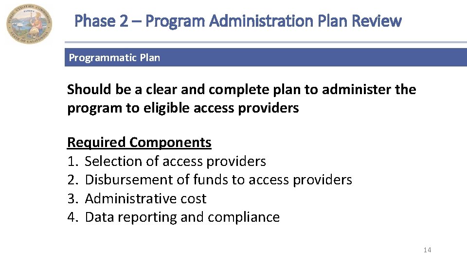 Phase 2 – Program Administration Plan Review Programmatic Plan Should be a clear and