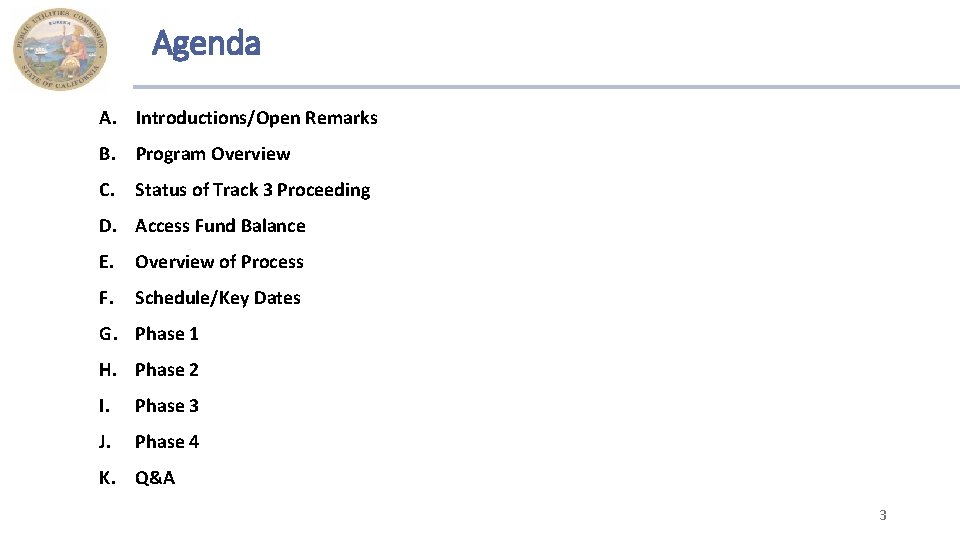 Agenda A. Introductions/Open Remarks B. Program Overview C. Status of Track 3 Proceeding D.
