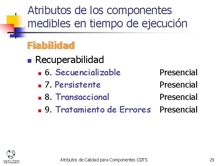 Atributos de los componentes medibles en tiempo de ejecución Fiabilidad n Recuperabilidad n n