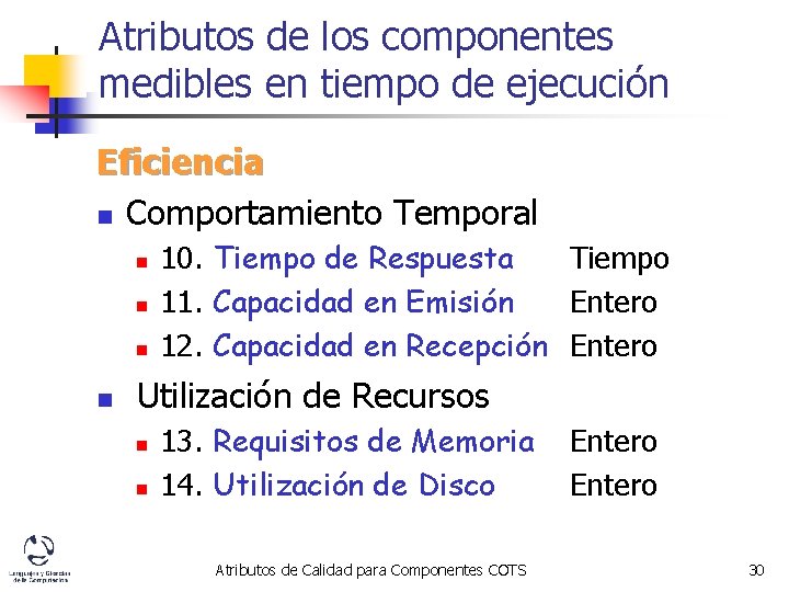 Atributos de los componentes medibles en tiempo de ejecución Eficiencia n Comportamiento Temporal n