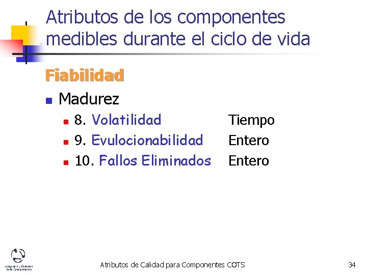 Atributos de los componentes medibles durante el ciclo de vida Fiabilidad n Madurez n