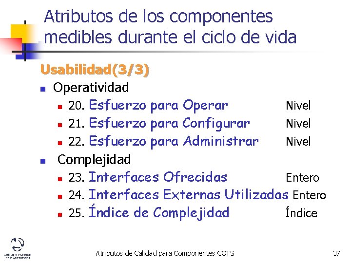 Atributos de los componentes medibles durante el ciclo de vida Usabilidad(3/3) n Operatividad n