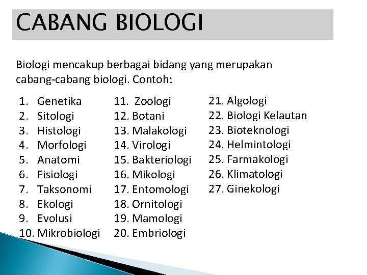 CABANG BIOLOGI Biologi mencakup berbagai bidang yang merupakan cabang-cabang biologi. Contoh: 1. Genetika 2.