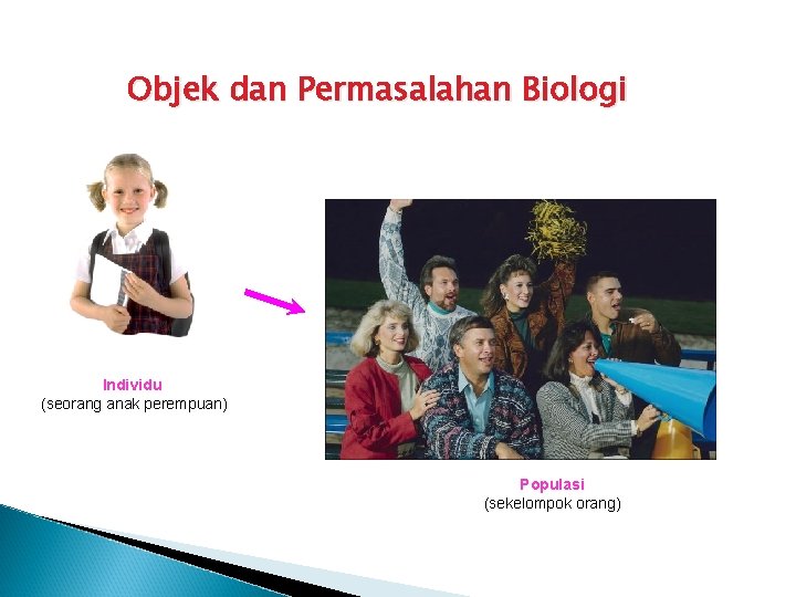 Objek dan Permasalahan Biologi Individu (seorang anak perempuan) Populasi (sekelompok orang) 