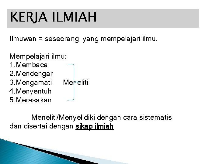 KERJA ILMIAH Ilmuwan = seseorang yang mempelajari ilmu. Mempelajari ilmu: 1. Membaca 2. Mendengar