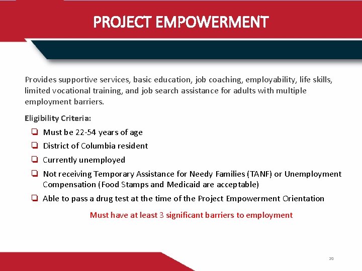 PROJECT EMPOWERMENT Provides supportive services, basic education, job coaching, employability, life skills, limited vocational