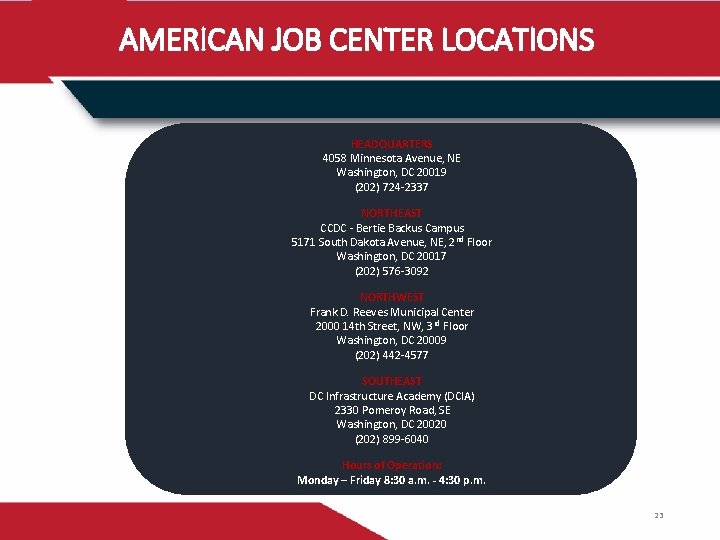 AMERICAN JOB CENTER LOCATIONS HEADQUARTERS 4058 Minnesota Avenue, NE Washington, DC 20019 (202) 724