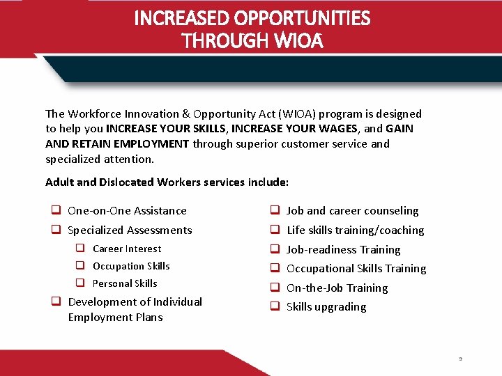 INCREASED OPPORTUNITIES THROUGH WIOA The Workforce Innovation & Opportunity Act (WIOA) program is designed