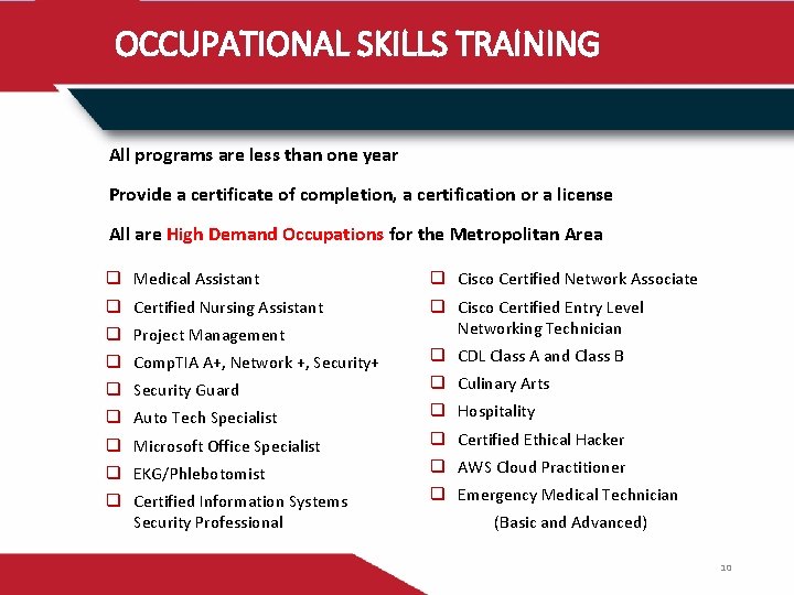 OCCUPATIONAL SKILLS TRAINING All programs are less than one year Provide a certificate of