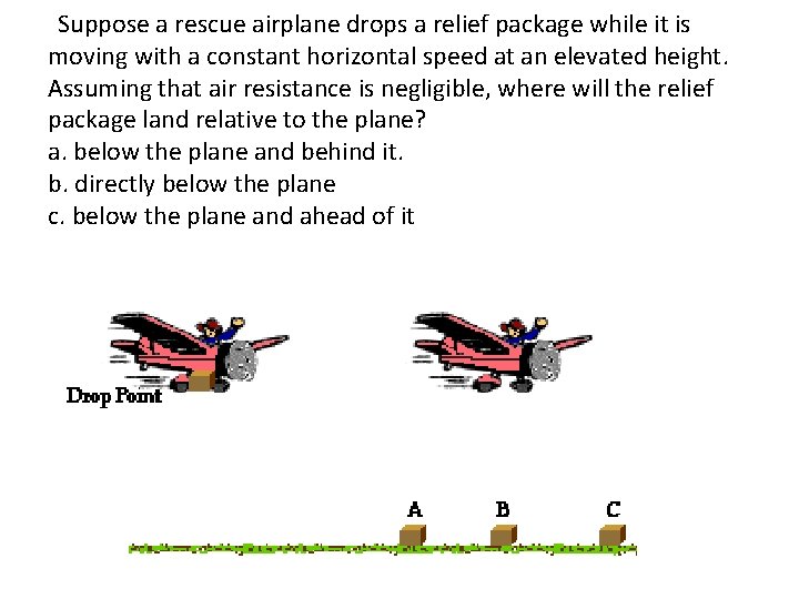 Suppose a rescue airplane drops a relief package while it is moving with a