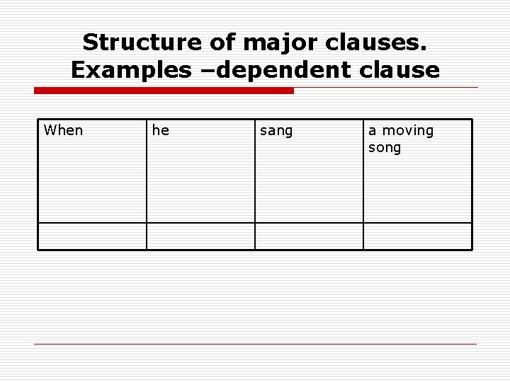 Structure of major clauses. Examples –dependent clause When he sang a moving song 