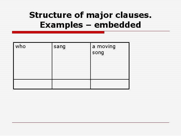 Structure of major clauses. Examples – embedded who sang a moving song 